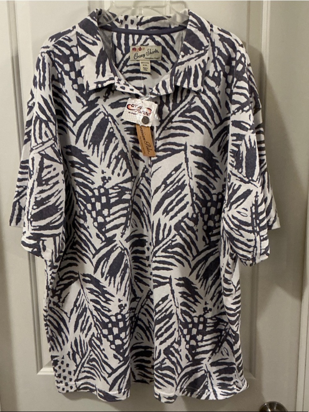 Crazy Shirts Hawaiian Polo Men’s White w/Gray Palm Print 100% Cotton XXL NWTs